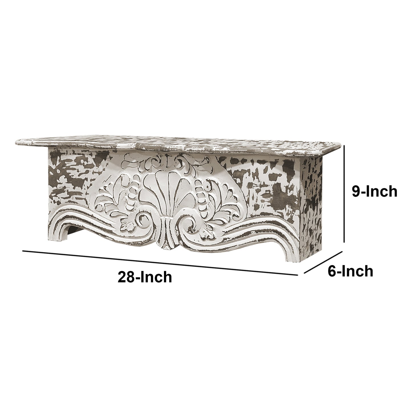 28 Inch Handcrafted Floating Wall Shelf, Ornate Carved Wood With Engraved Floral Details, Distressed White