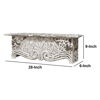 28 Inch Handcrafted Floating Wall Shelf, Ornate Carved Wood With Engraved Floral Details, Distressed White