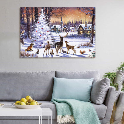 Framed Canvas Wall Art Decor Painting For Chrismas, Cute Animals with Chrismas Tree Gift Painting For Chrismas Gift, Decoration For Chrismas Eve Office Living Room, Bedroom Decor-Ready To Hang