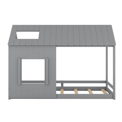 Twin Size House Bed with Roof and Window - Gray