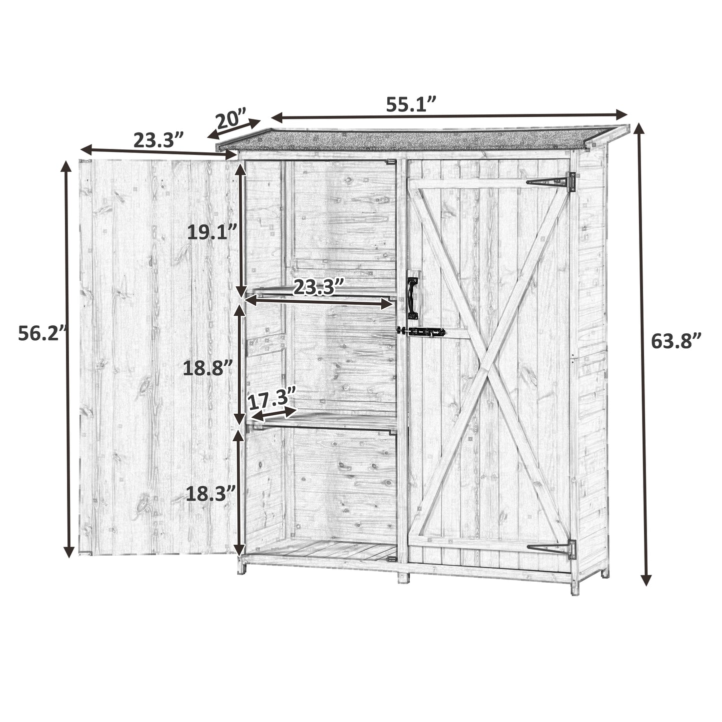 TOPMAX Outdoor 5.3ft Hx4.6ft L Wood Storage Shed Tool Organizer,Garden Shed, Storage Cabinet with Waterproof Asphalt Roof, Double Lockable Doors, 3-tier Shelves for Backyard, Gray