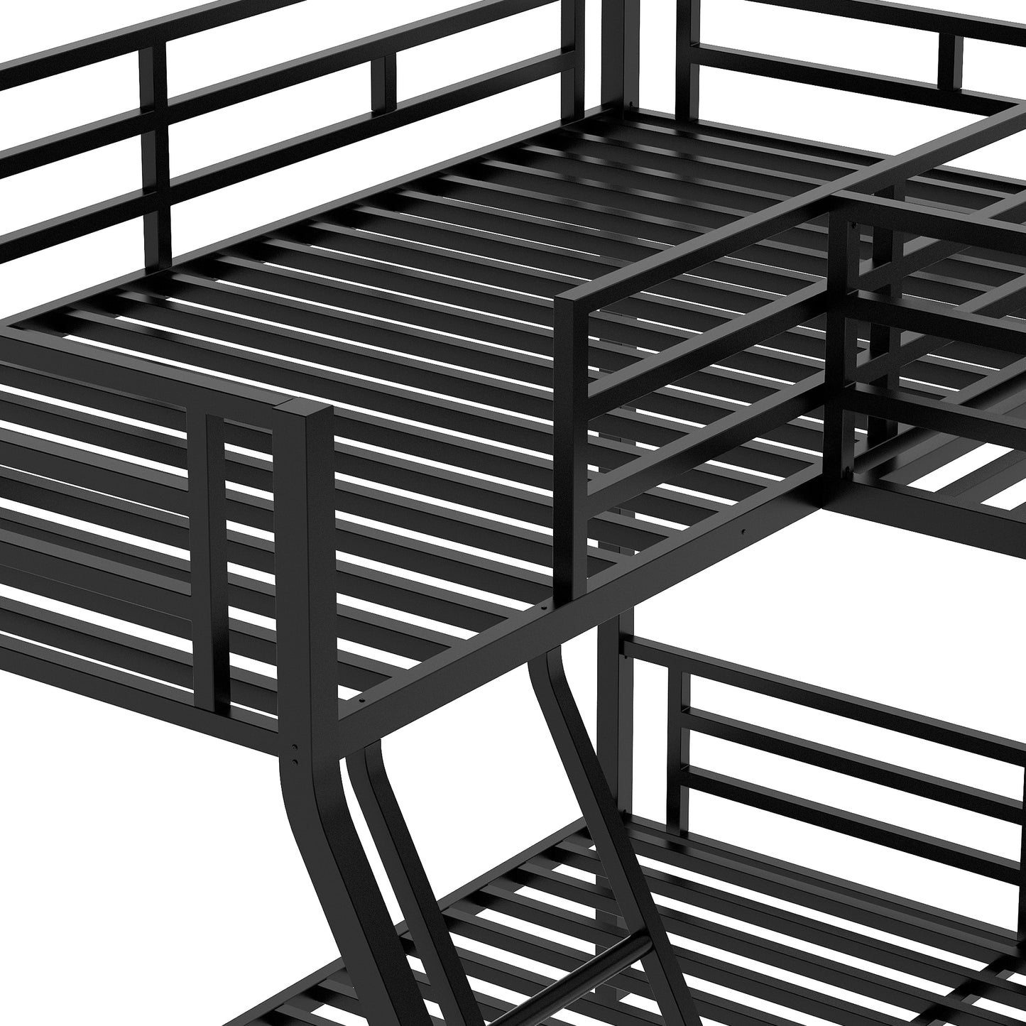 Twin over Full Bunk Bed with a Twin Size Loft Bed attached, with a Desk, Metal, Black