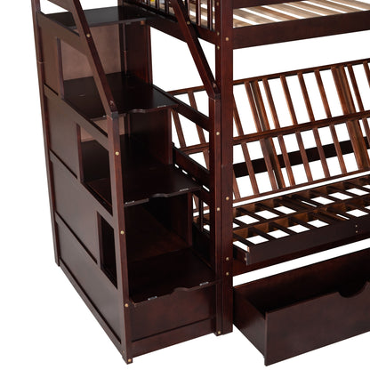 Twin over Full Bunk Bed with Two Drawers and Staircase, Down Bed can be Converted into Daybed,Espresso