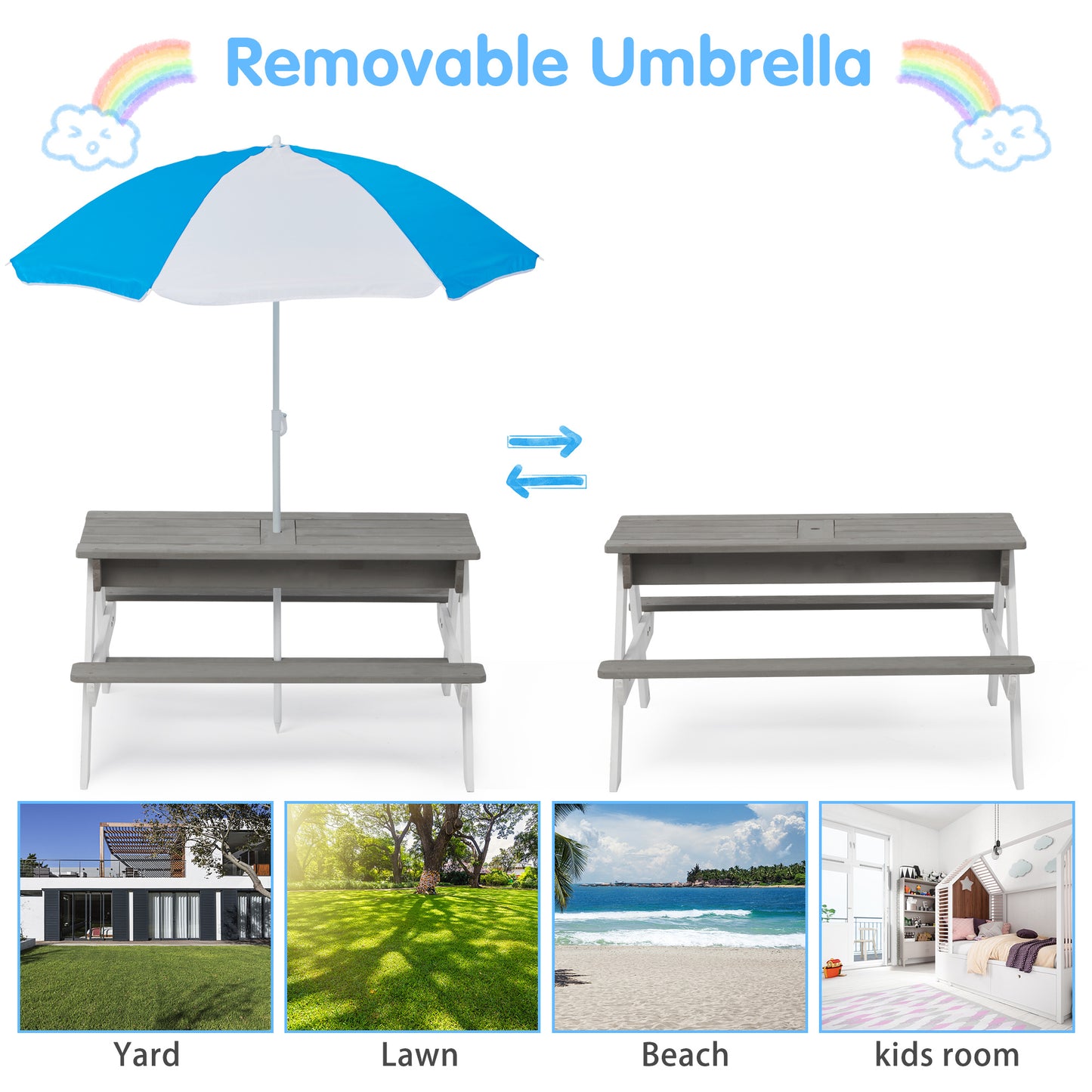 3-in-1 Kids Outdoor Wooden Picnic Table With Umbrella, Convertible Sand & Wate, Gray AMASTM & CPSIACERTIFICATION