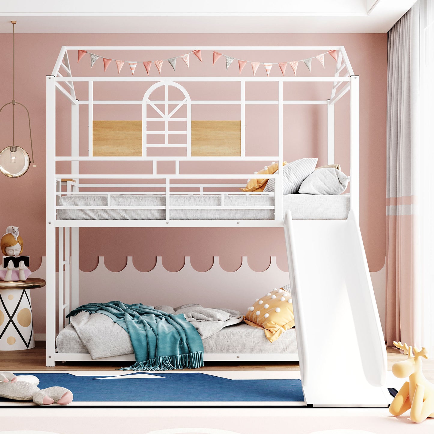 Twin Over Twin Metal Bunk Bed ,Metal Housebed With Slide,Three Colors Available.(White with White  Slide)(OLD SKU :LP000095AAK)