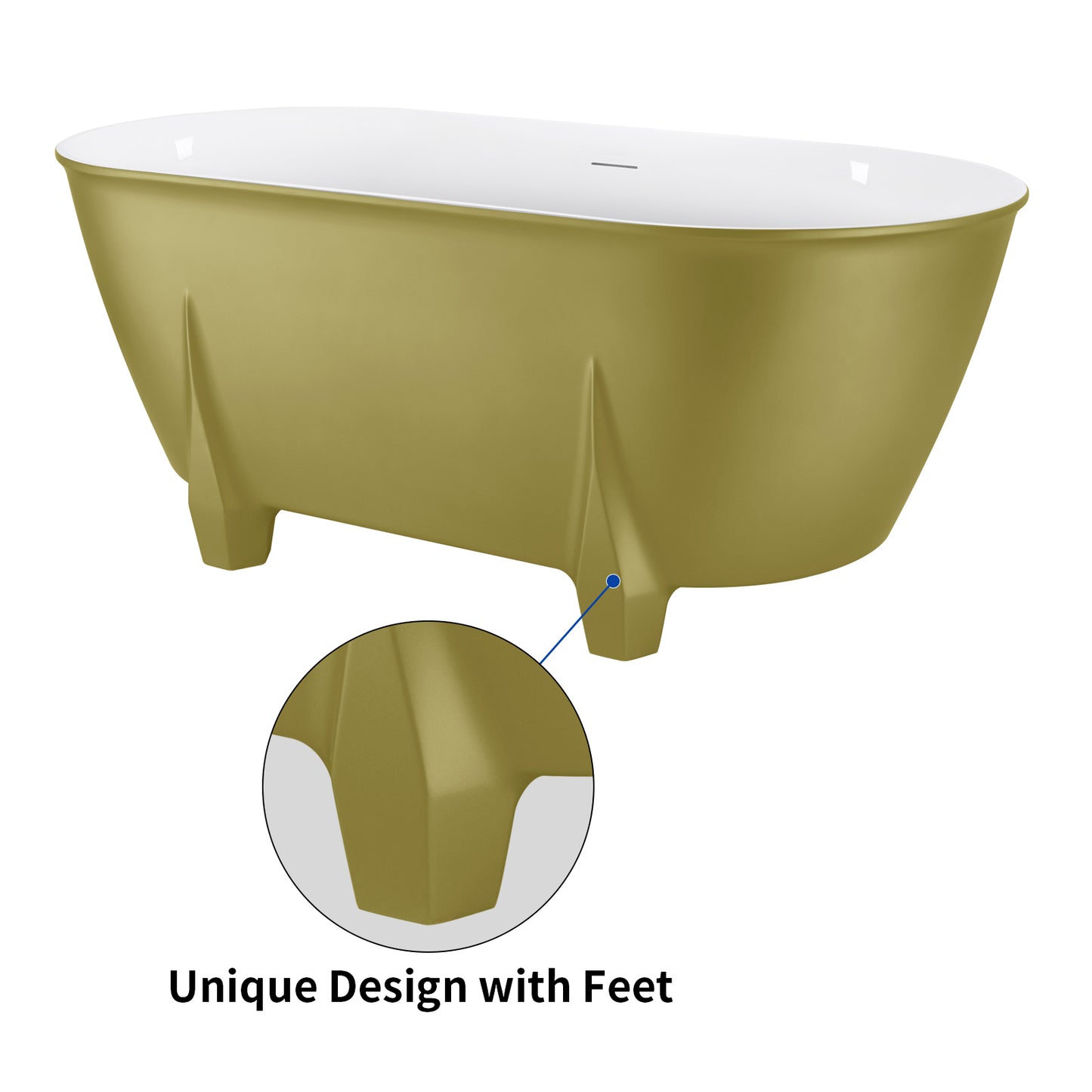 59" 100% Acrylic Freestanding Bathtub，Contemporary Soaking Tub，White inside and gold outside，Four corner bathtub