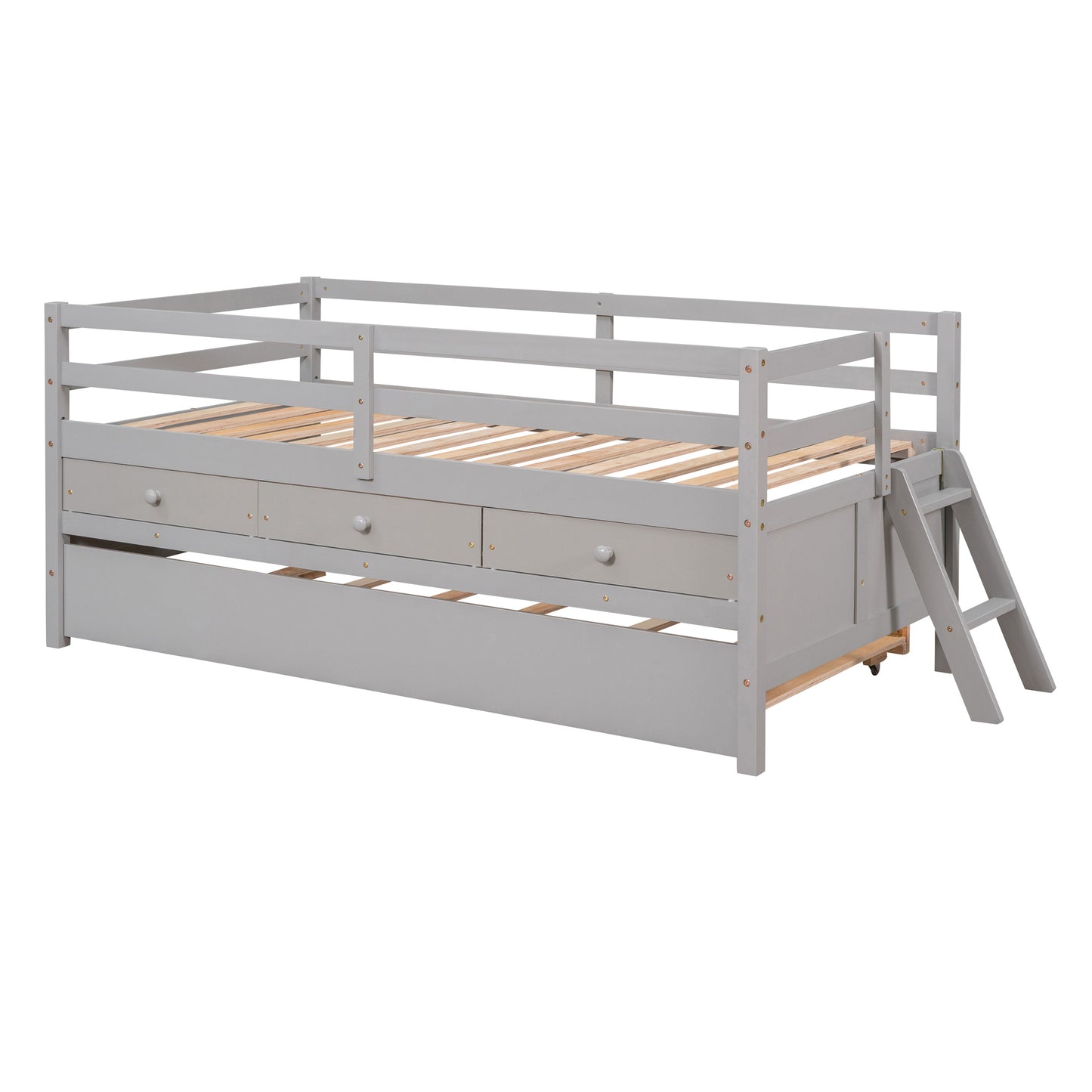 Low Loft Bed Twin Size with Full Safety Fence, Climbing ladder, Storage Drawers and Trundle Gray Solid Wood Bed