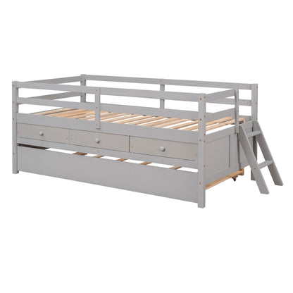 Low Loft Bed Twin Size with Full Safety Fence, Climbing ladder, Storage Drawers and Trundle Gray Solid Wood Bed