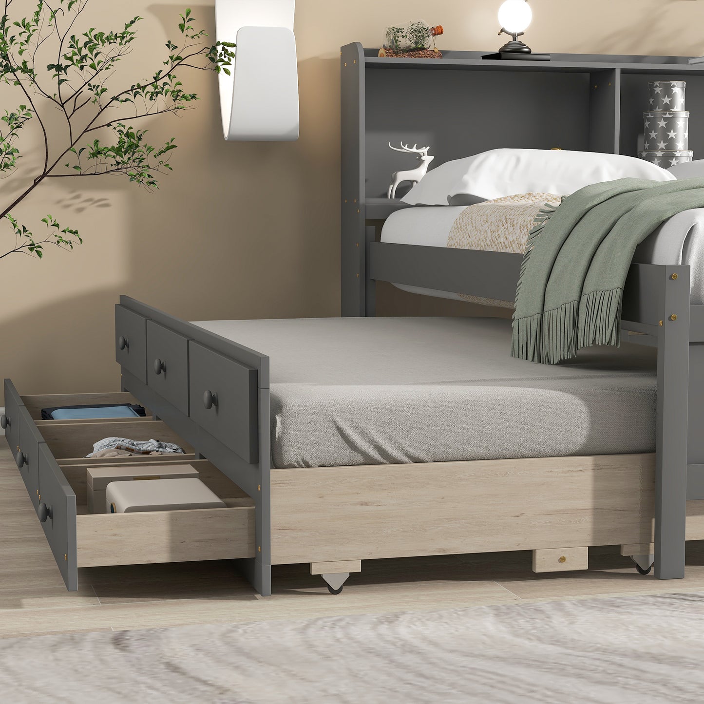 Full Bed with Bookcase,Twin Trundle,Drawers,Gray