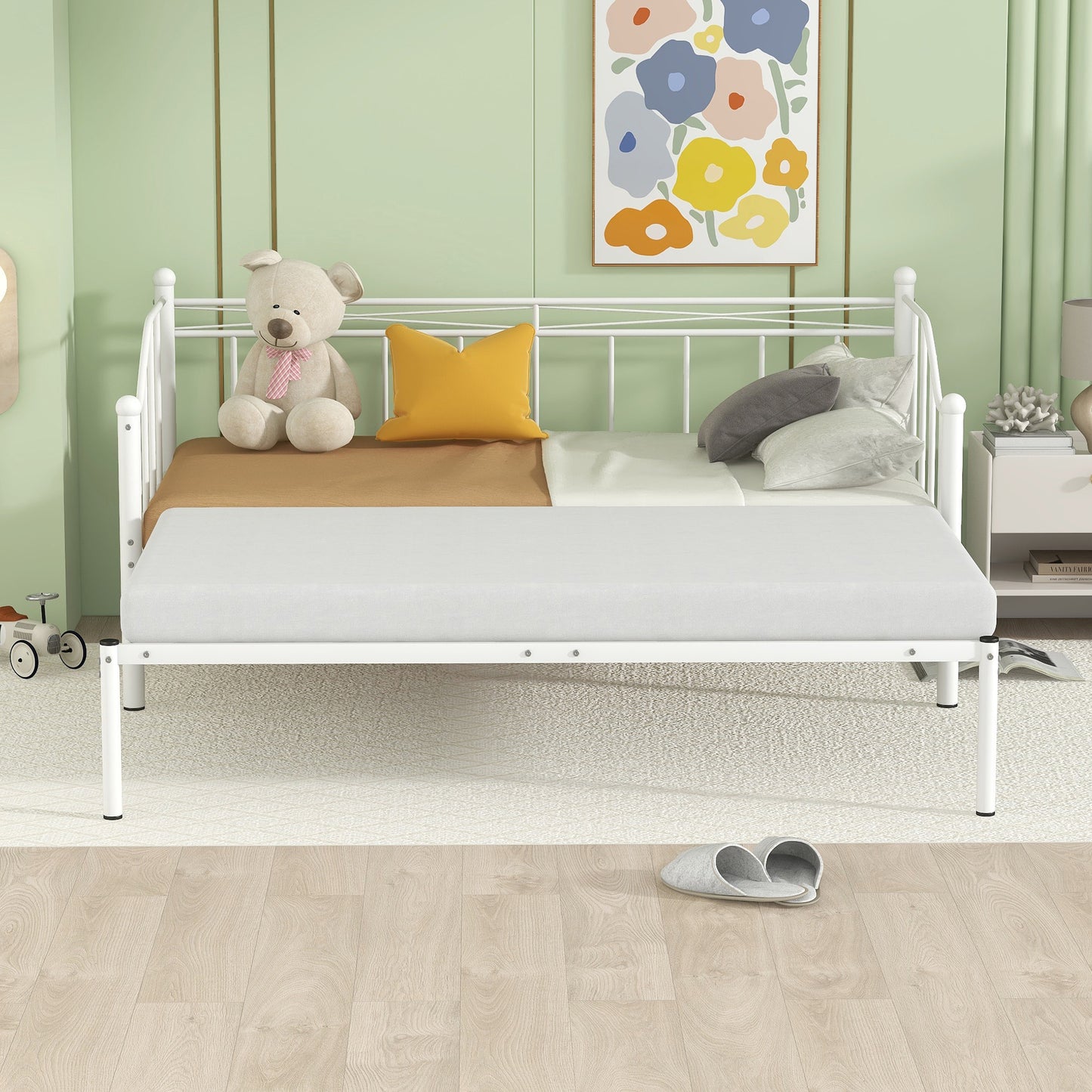 Twin Size Metal Daybed with Trundle, Daybed with Slat No Box required White