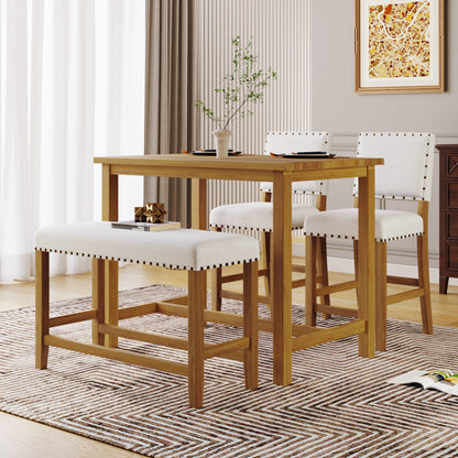 TOPMAX 4 Piece Rustic Wooden Counter Height Dining Table Set with Upholstered Bench for Small Places, Natural+Beige