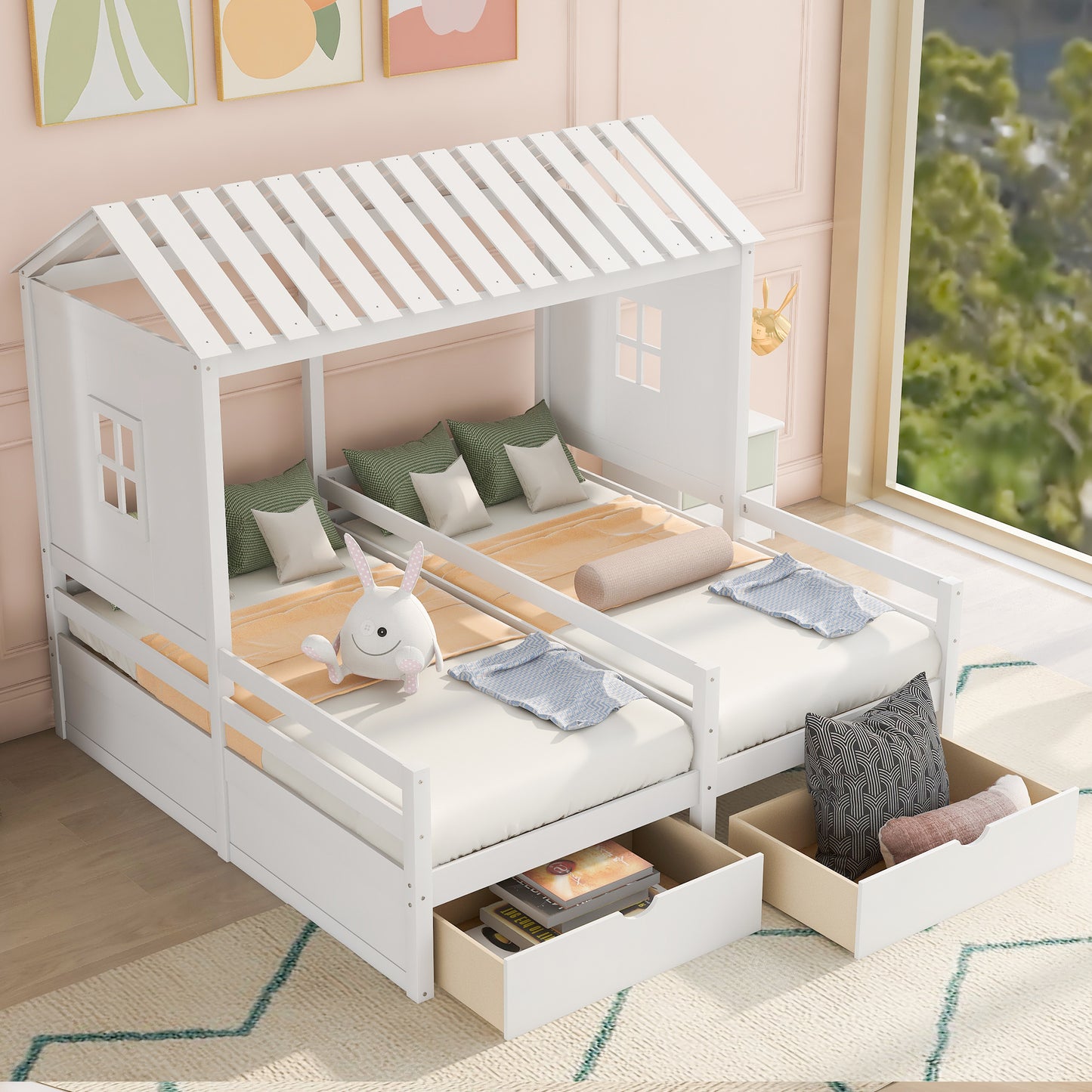 Twin Size House Platform Beds with Two Drawers for Boy and Girl Shared Beds, Combination of 2 Side by Side Twin Size Beds, White