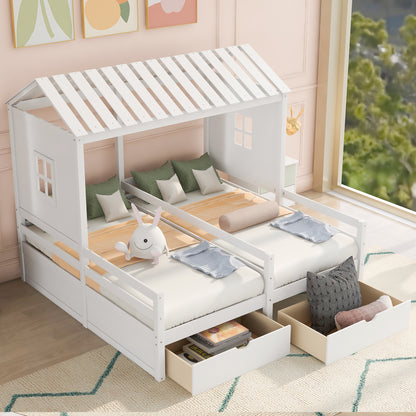 Twin Size House Platform Beds with Two Drawers for Boy and Girl Shared Beds, Combination of 2 Side by Side Twin Size Beds, White