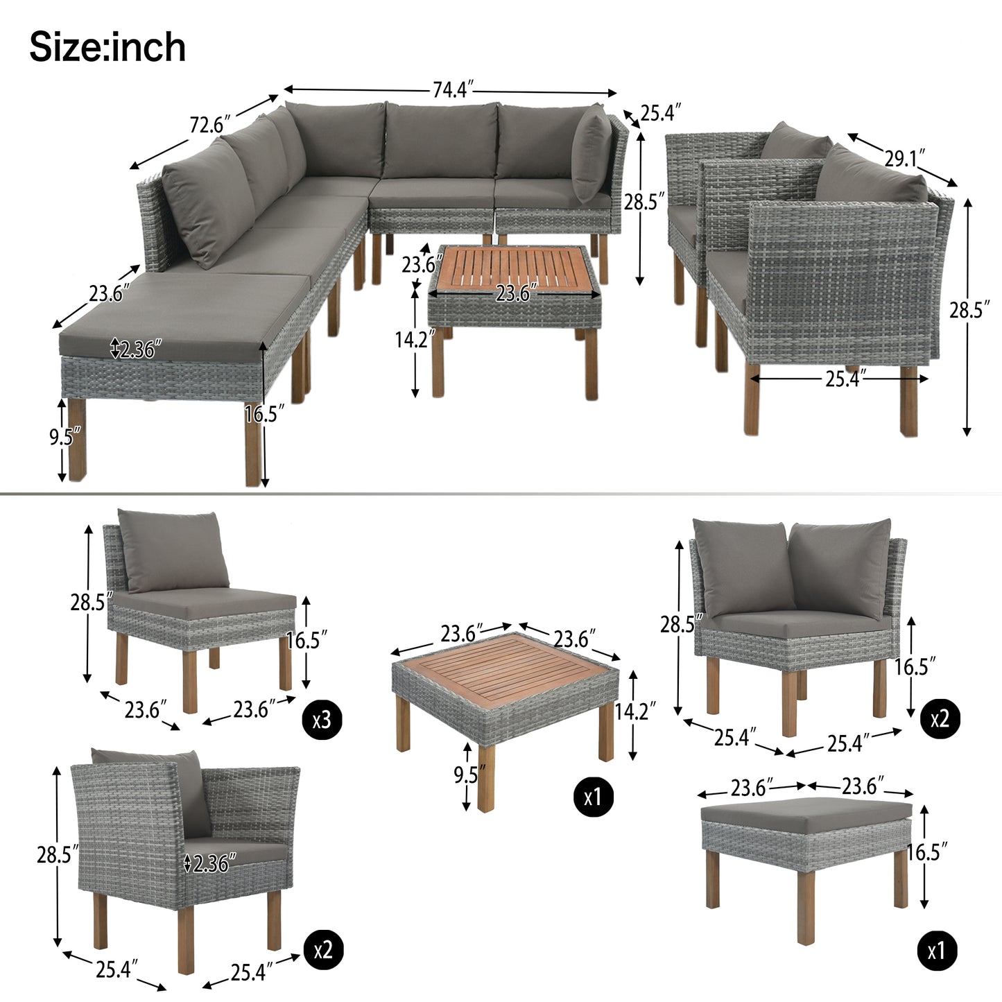 GO 9-Piece Outdoor Patio Garden Wicker Sofa Set, Gray PE Rattan Sofa Set, with Wood Legs, Acacia Wood Tabletop, Armrest Chairs with Gray Cushions