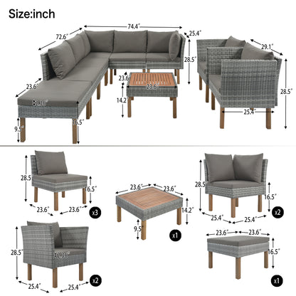 GO 9-Piece Outdoor Patio Garden Wicker Sofa Set, Gray PE Rattan Sofa Set, with Wood Legs, Acacia Wood Tabletop, Armrest Chairs with Gray Cushions