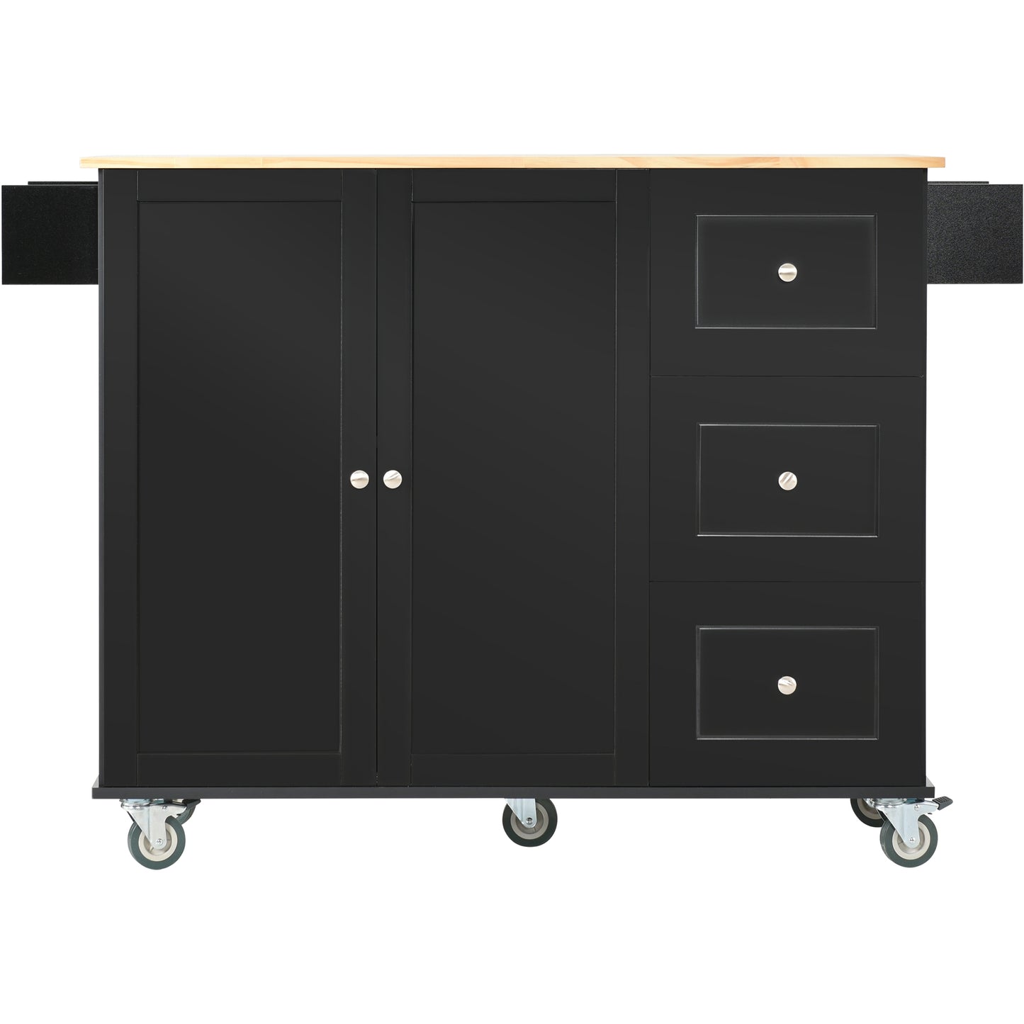 Rolling Mobile Kitchen Island with Solid Wood Top and Locking Wheels，52.7 Inch Width，Storage Cabinet and Drop Leaf Breakfast Bar，Spice Rack, Towel Rack & Drawer （Black）