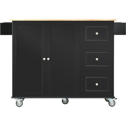 Rolling Mobile Kitchen Island with Solid Wood Top and Locking Wheels，52.7 Inch Width，Storage Cabinet and Drop Leaf Breakfast Bar，Spice Rack, Towel Rack & Drawer （Black）