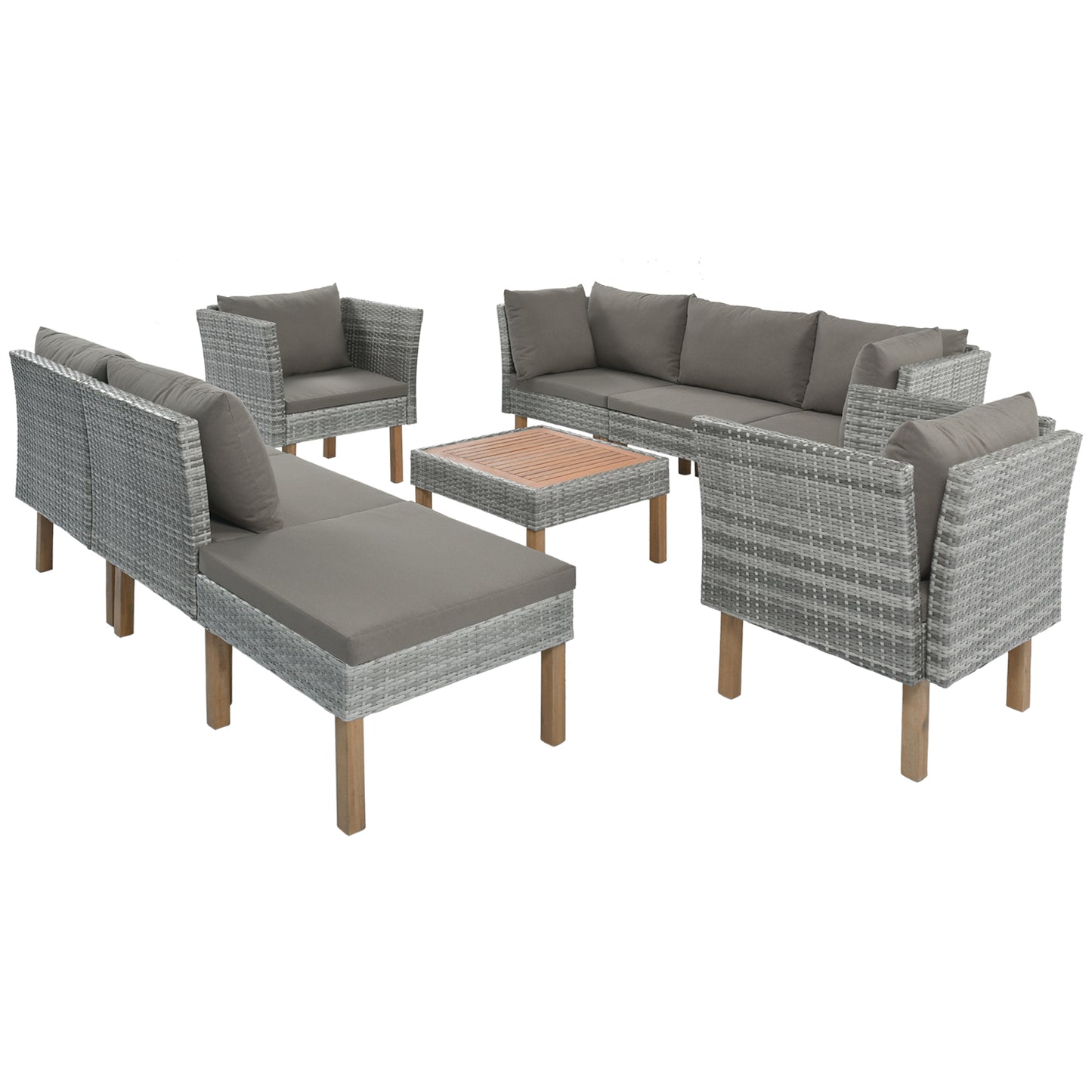 GO 9-Piece Outdoor Patio Garden Wicker Sofa Set, Gray PE Rattan Sofa Set, with Wood Legs, Acacia Wood Tabletop, Armrest Chairs with Gray Cushions