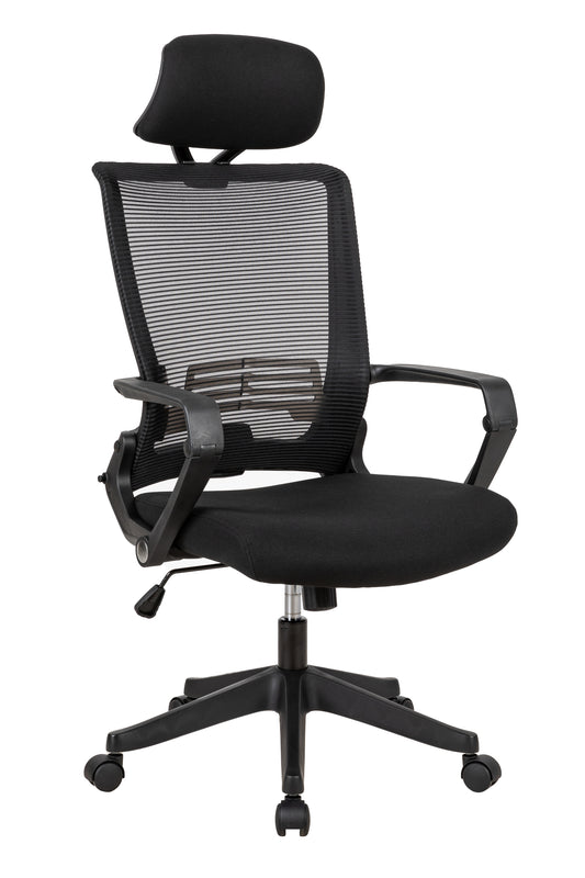 High Back Office Chair with fixed arms and headrest, Black, easy assemble chair