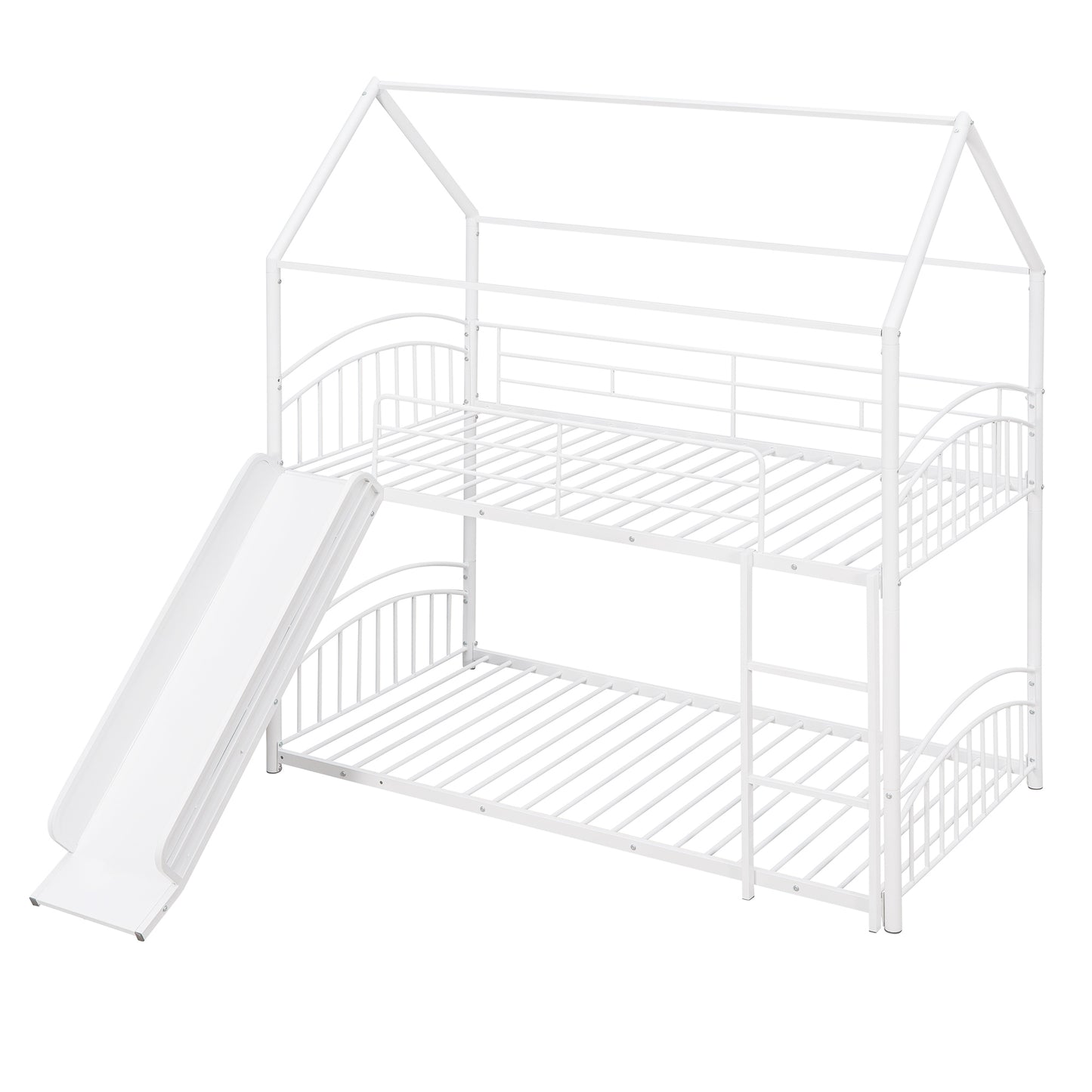 Twin Over Twin Metal Bunk Bed With Slide,Kids House Bed White