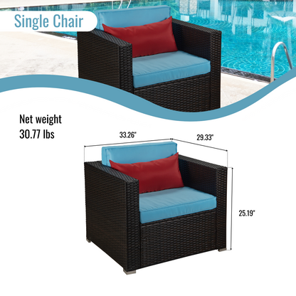 Outdoor Garden Patio Furniture 4-Piece Brown PE Rattan Wicker Sectional Blue Cushioned Sofa Sets with 1 Red Pillow