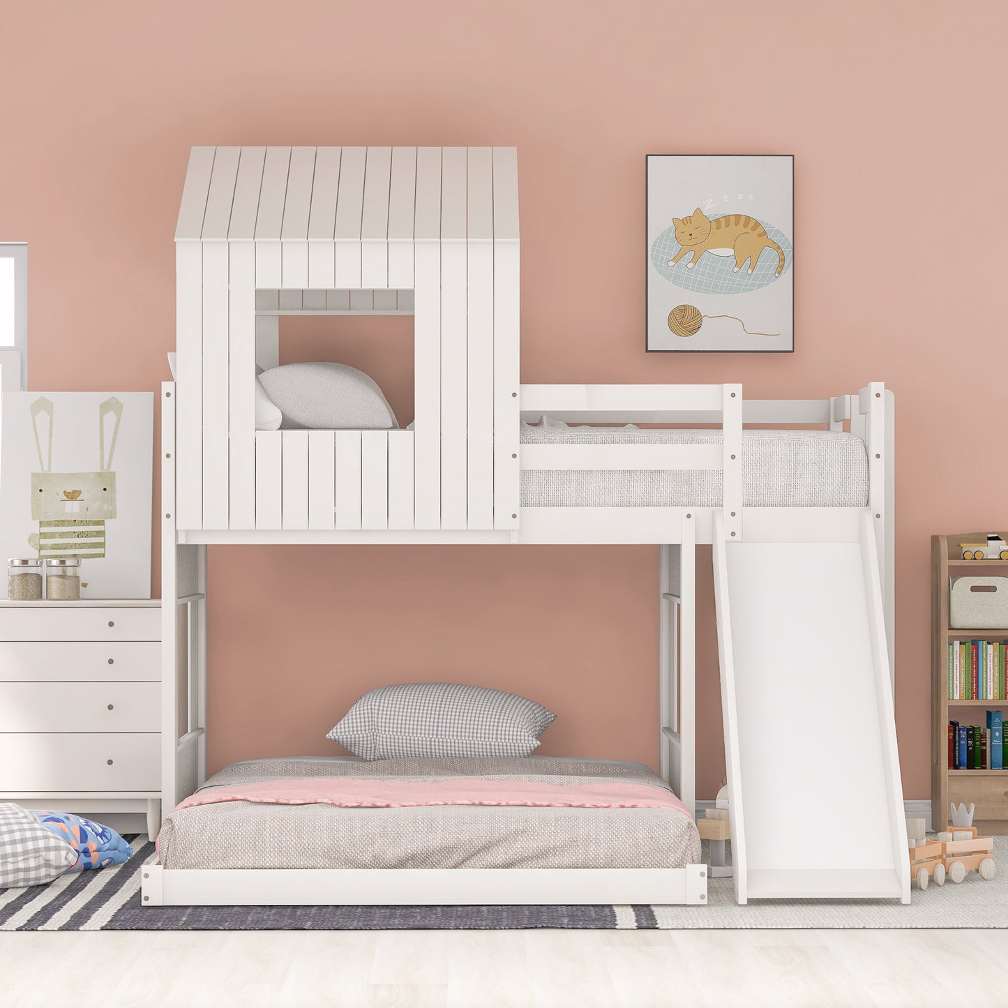 Wooden Twin Over Full Bunk Bed, Loft Bed with Playhouse, Farmhouse, Ladder, Slide and Guardrails, White(OLD SKU :LP000028AAK)