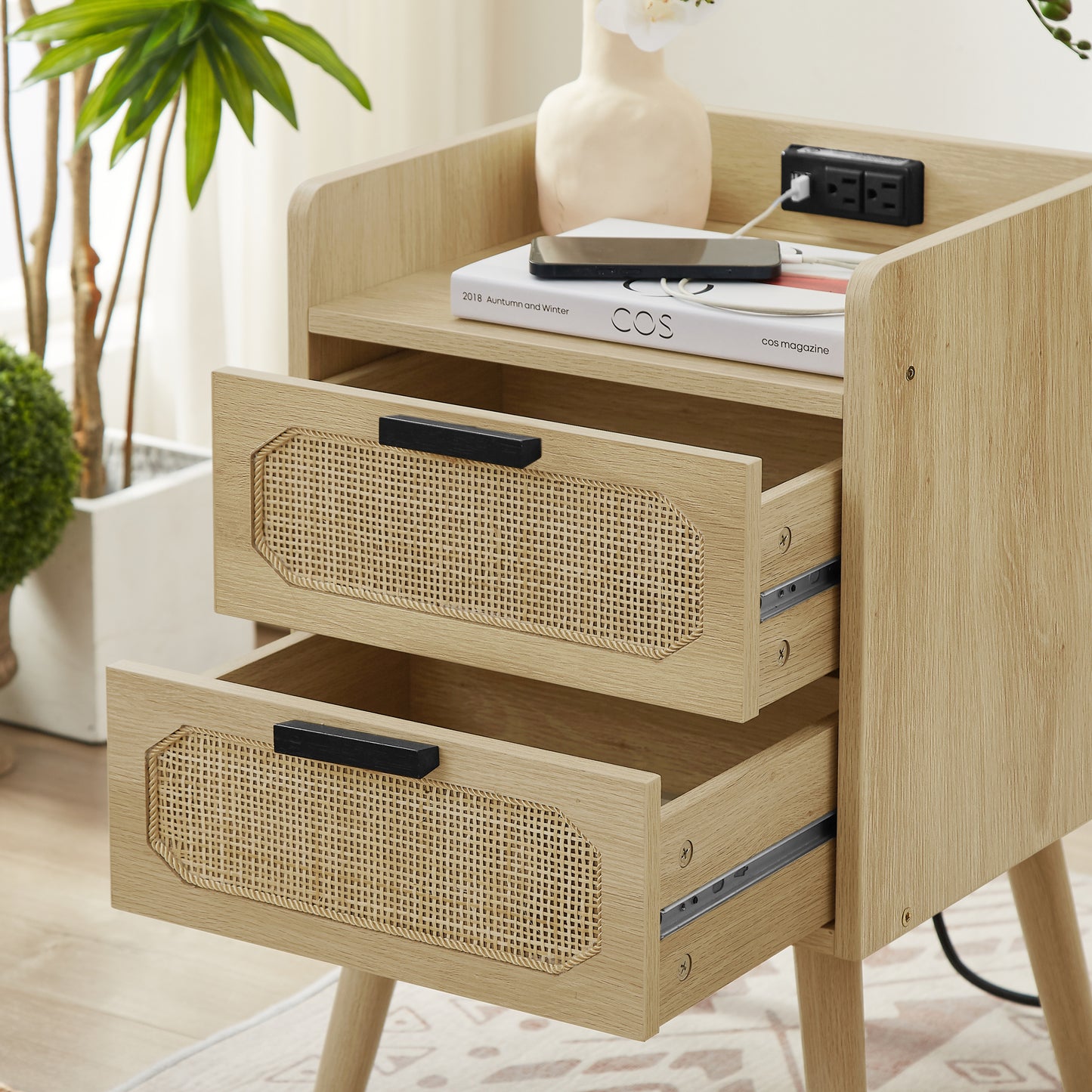 JHX Rattan nightstand with socket side table natural handmade rattan（Natural 15.55’’W*13.78’’D*23.82’’H）