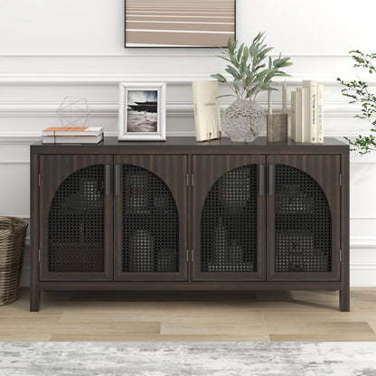 TREXM Large Storage Space Sideboard with Artificial Rattan Door and metal handles for Living Room and Entryway (Espresso)