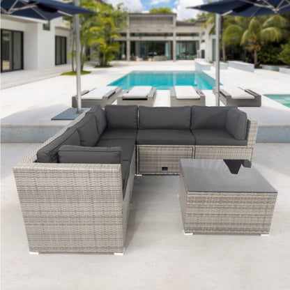 6 Pieces PE Rattan sectional Outdoor Furniture Cushioned  Sofa Set with 3 Storage Under Seat Grey