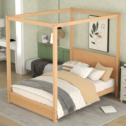 Full Size Canopy Platform Bed with Headboard and Support Legs,Natural