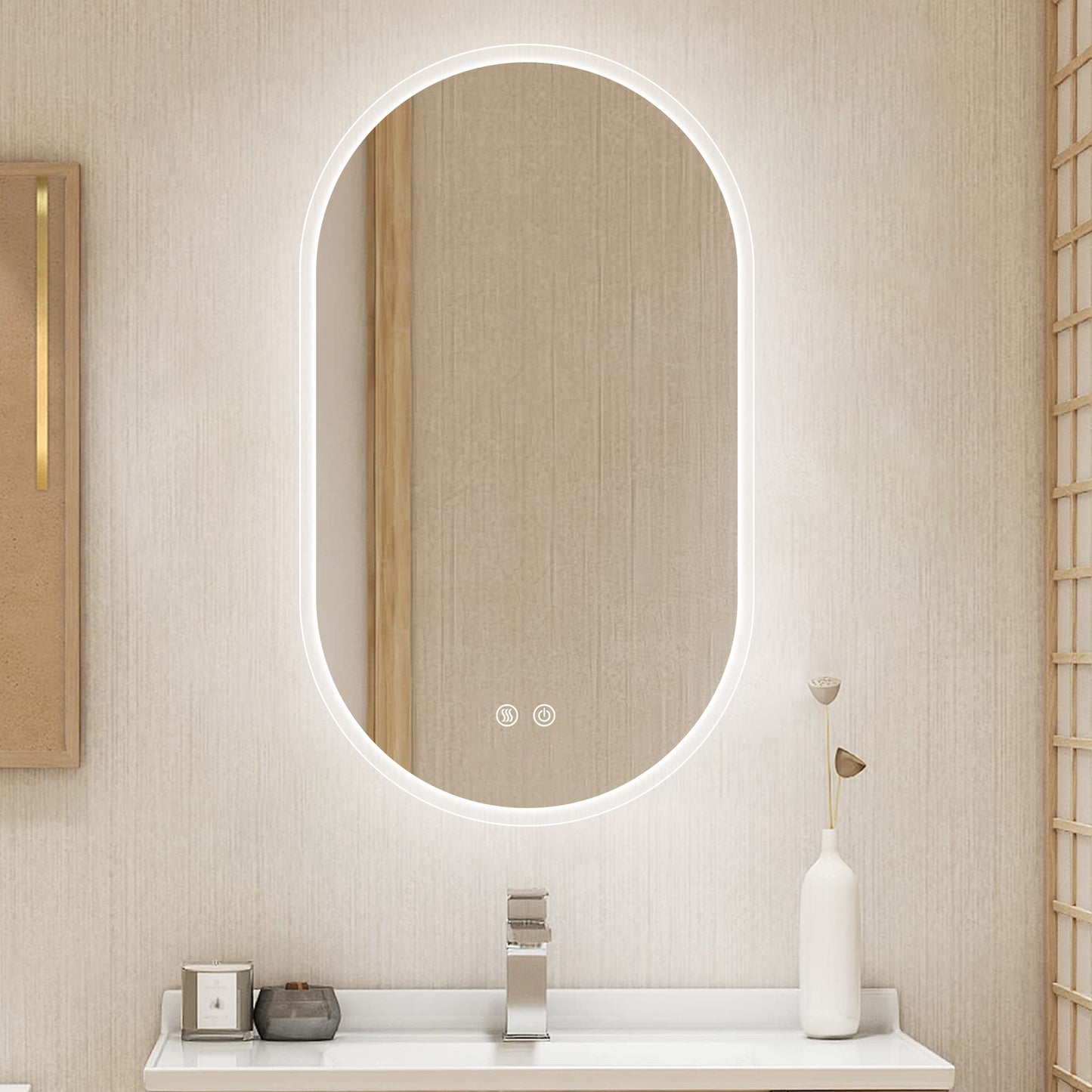 32X20 Inch Bathroom Mirror with Lights, Anti Fog Dimmable LED Mirror for Wall Touch Control, Frameless Oval Smart Vanity Mirror Vertical Hanging