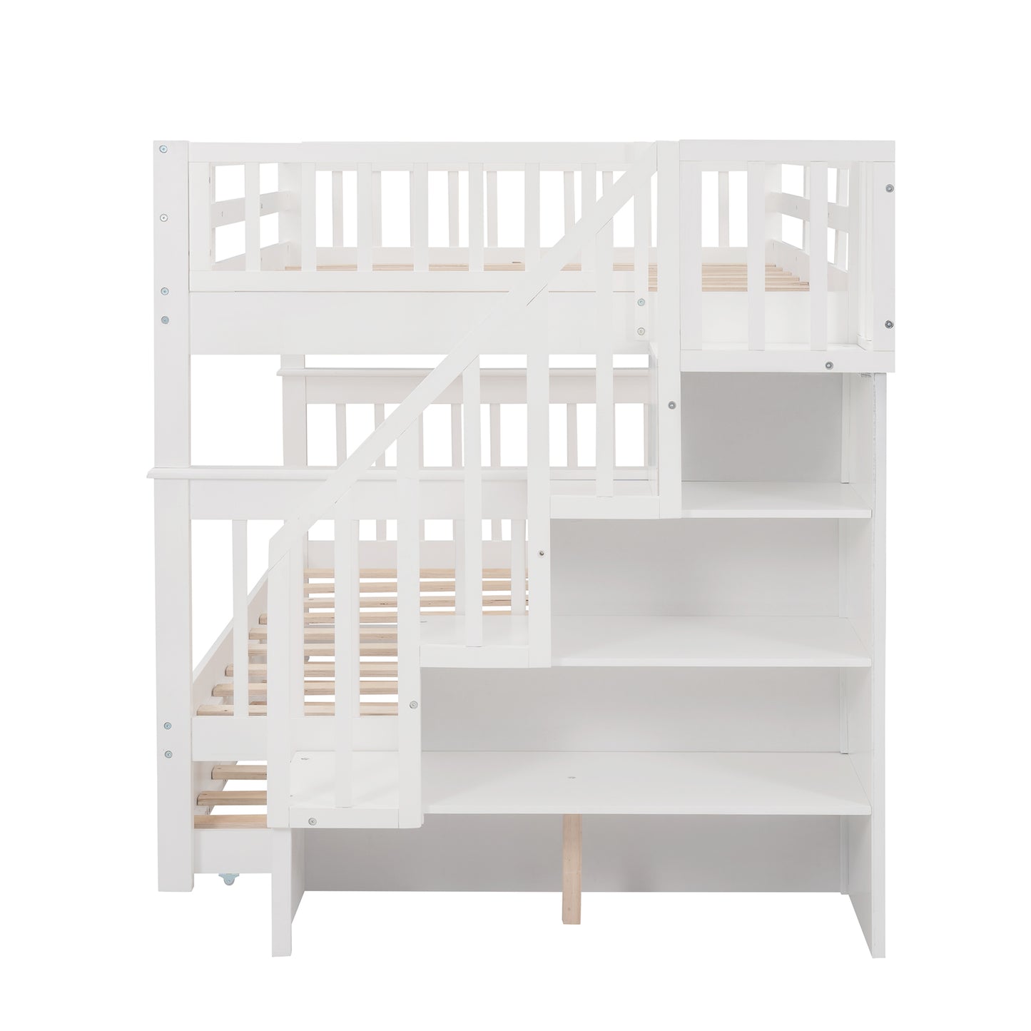 Stairway Full-Over-Full Bunk Bed with Twin size Trundle, Storage and Guard Rail for Bedroom, Dorm - White(OLD SKU :LP001210AAK)