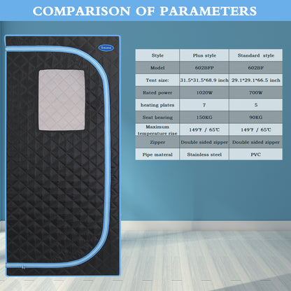 Portable Plus Type Full Size Far Infrared Sauna tent. Spa, Detox ,Therapy and Relaxation at home.Larger Space,Stainless Steel Pipes Connector Easy to Install.FCC Certification--Black(Blue binding)