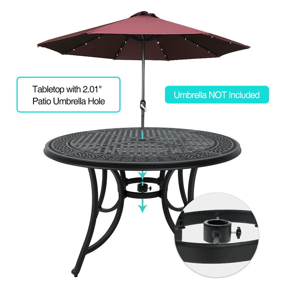 47.99 Inch Cast Aluminum Patio Table with Umbrella Hole,Round Patio Bistro Table for Garden, Patio, Yard, Black with Antique Bronze at The Edge