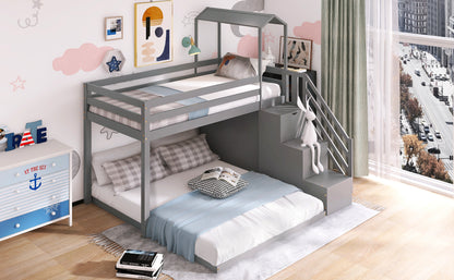 Twin over Full House Roof Bunk Bed with Staircase and Shelves, Gray