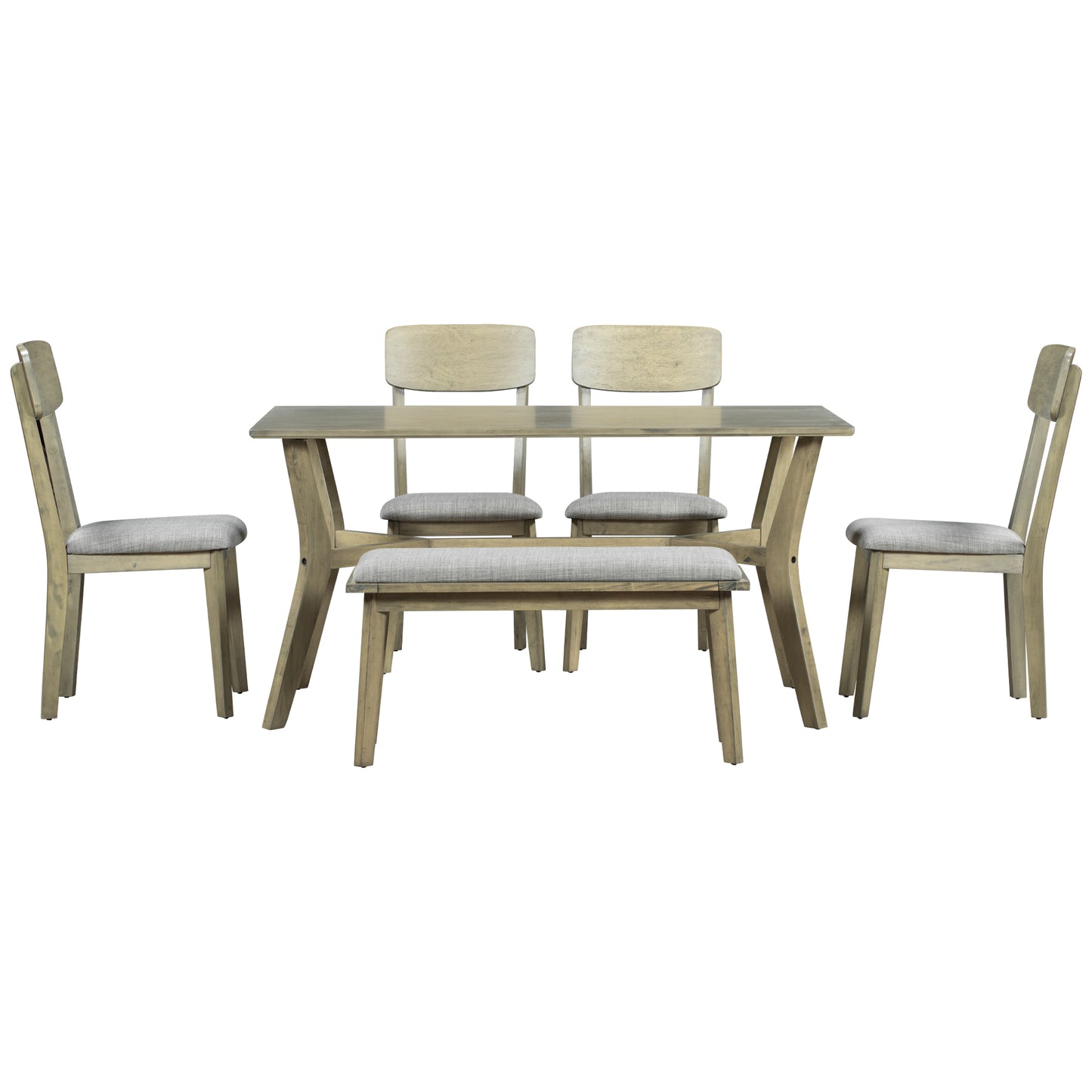 TREXM Mid-Century Style 6-Piece Dining Table Set Wooden Dining Table and Fabric Chair with Bench (Antique Yellow+Gray)