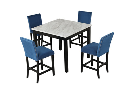 5-piece Counter Height Dining Table Set with One Faux Marble Dining Table and Four Upholstered-Seat Chairs，for Kitchen and Living room,Table : 42"L x42"Wx36"H,Chair:18.5"Wx23.2"Dx39.8"H,  Blue