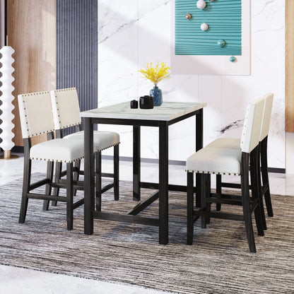 TOPMAX 5 Piece Rustic Wooden Counter Height Dining Table Set with 4 Upholstered Chairs for Small Places, Faux Marble Top+Black Body