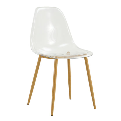 Modern simple transparent dining chair plastic chair armless crystal chair Nordic creative makeup stool negotiation chair Set of 4 and wood color metal leg