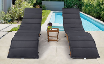 TOPMAX Outdoor Patio Wood Portable Extended Chaise Lounge Set with Foldable Tea Table for Balcony, Poolside, Garden, Brown Finish+Dark Gray Cushion