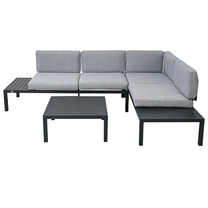 TOPMAX Outdoor 3-piece Aluminum Alloy Sectional Sofa Set with End Table and Coffee Table,Black Frame+Gray Cushion