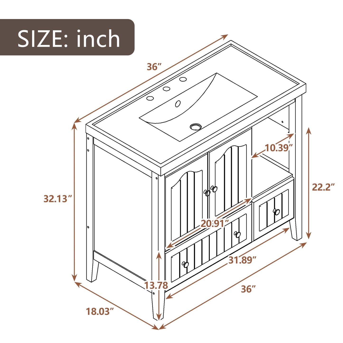 [VIDEO] 36" Bathroom Vanity with Ceramic Basin, Bathroom Storage Cabinet with Two Doors and Drawers, Solid Frame, Metal Handles, Brown