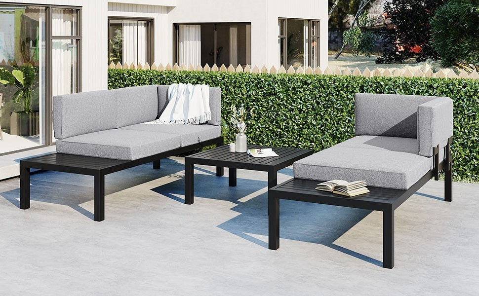 TOPMAX Outdoor 3-piece Aluminum Alloy Sectional Sofa Set with End Table and Coffee Table,Black Frame+Gray Cushion