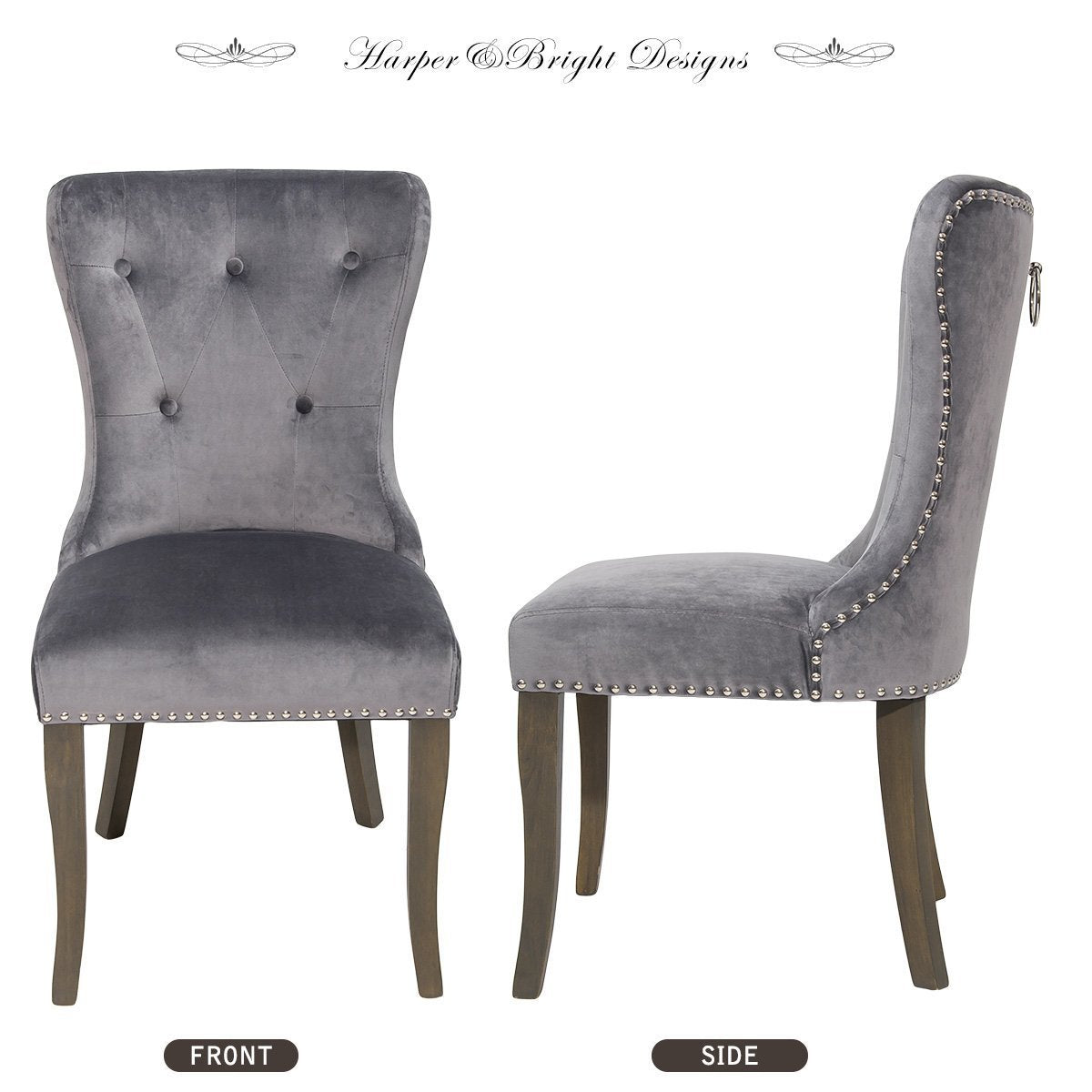 TOPMAX Victorian Dining Chair Button Tufted Armless Chair Upholstered Accent Chair,Nailhead Trim,Chair Ring Pull Set of 2 (Grey)