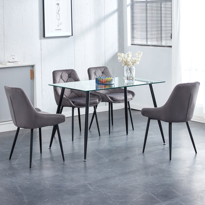 Kitchen Dining Room Metal legs Glass Table Set with 4 pcs grey velvet fabric dining chairs