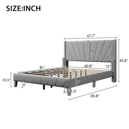 Contemporary Velvet Upholstered Bed Frame with Channel Tufting and Nailhead Trim, No Box Spring Needed, Queen, Gray