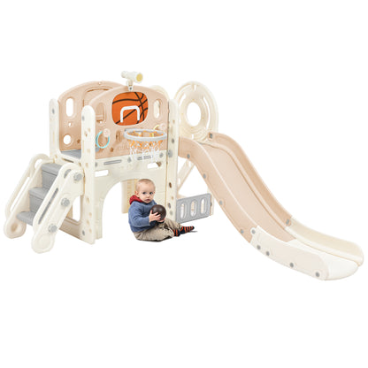 Kids Slide Playset Structure, Freestanding Castle Climbing Crawling Playhouse with Slide, Arch Tunnel, Ring Toss, and Basketball Hoop, Toy Storage Organizer for Toddlers, Kids Climbers Playground