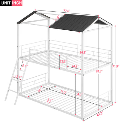 Twin Over Twin Bunk Bed Metal Bed with Half Roof, Guardrail and Ladder White