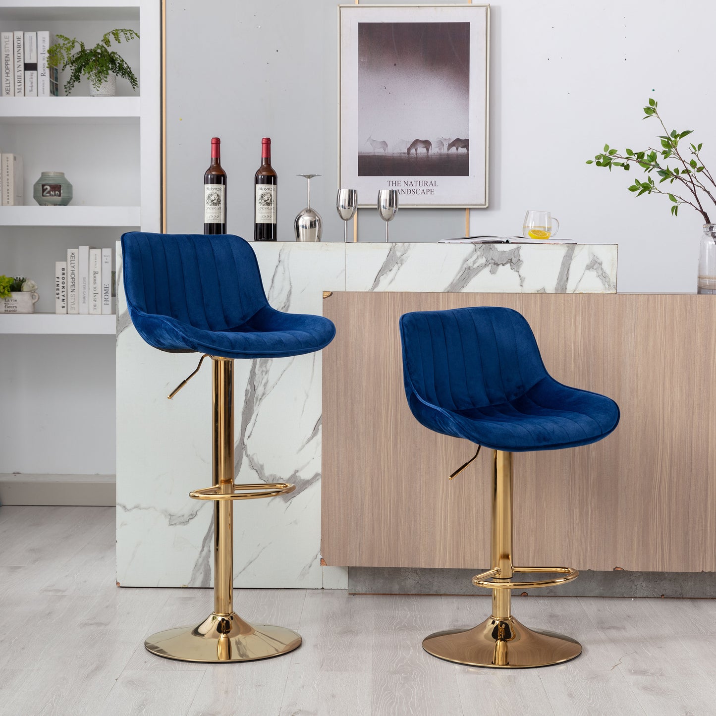 Chrome Footrest and Base Swivel Height Adjustable Mechanical Lifting Velvet + Golden Leg Simple Bar Stool,Set of 2,Navy