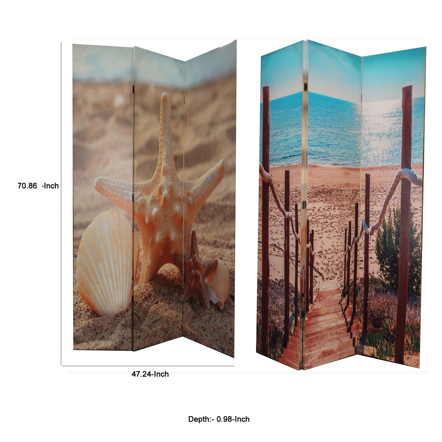 71 Inch 3 Panel Room Divider, Beach Theme, Dual Side Print, Multicolor